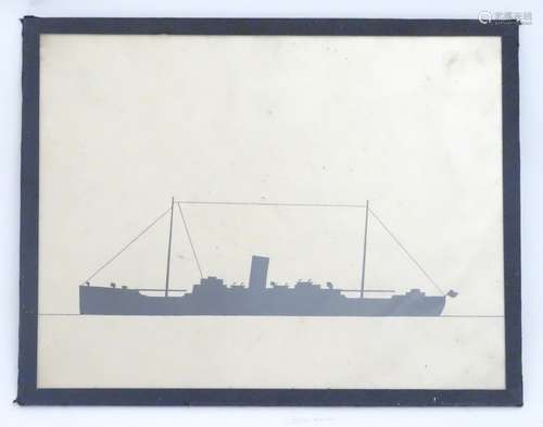 An early 20thC depiction of a ship (port) in silhouette,