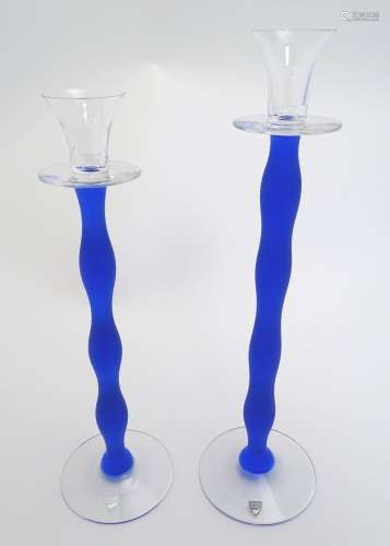 Orrefors Sweden : Two glass Celeste design candlesticks by Anne Nilsson for Orrefors Sweden.
