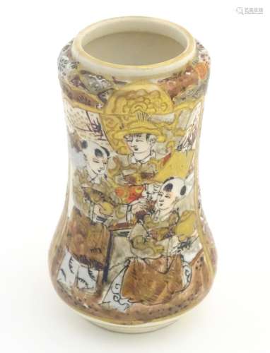 A Japanese satsuma vase with panelled decoration depicting figures. Character marks under. Approx.