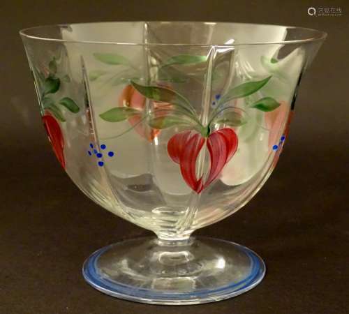 Orrefors Sweden : An octagonal Maja pattern glass bowl with circular foot and hand painted floral