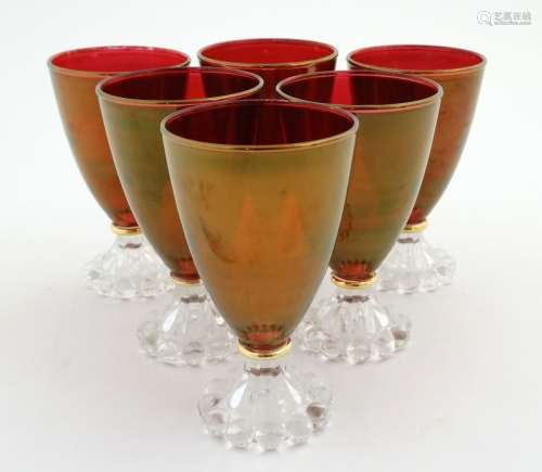 Retro Glass : a set of 1950's 6 red glasses with gilt line decoration to the joint of glass and