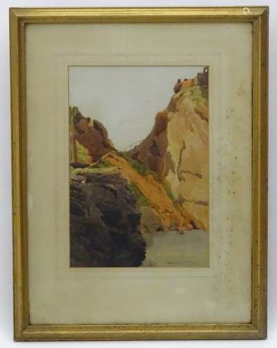 Indistinctly signed, XX, Watercolour, A landscape scene of cliffs with a small body of water,