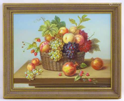 Tom Caspers, XX, Oil on canvas laid on board, Still life of fruit in a basket on a table,