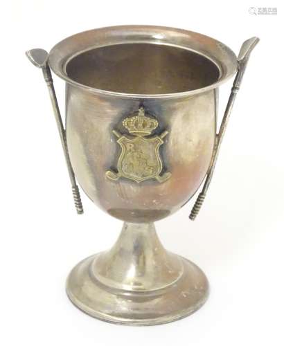 A Silver pedestal trophy cup with gold club decoration and having shield crest titled RFBG 3 1/2