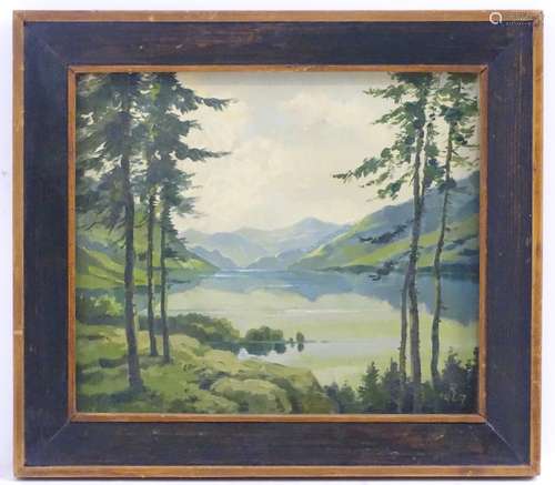 R., 1947, Scottish School, Oil on board, Pine trees beside a loch, Initialled and dated lower right.