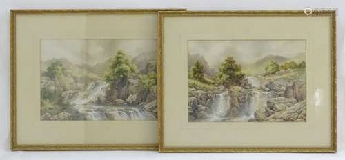 Charles A Bool, XIX-XX, Watercolours, A pair of landscape scenes with rocky waterfalls.