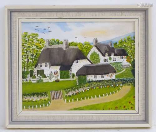 G. Calis, XX, Continental School, Oil on card, A naive village scene with cottages and gardens.