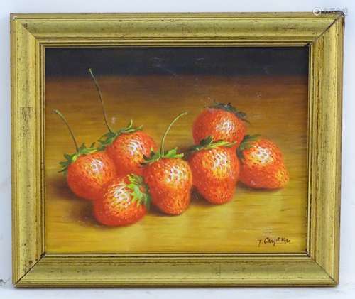 Tom Caspers XX, Oil on canvas laid on board, Still life of fruit, strawberries on a table,