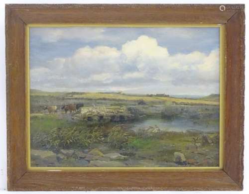 Indistinctly Signed, XIX-XX, Oil on board, A moorland landscape with cattle.