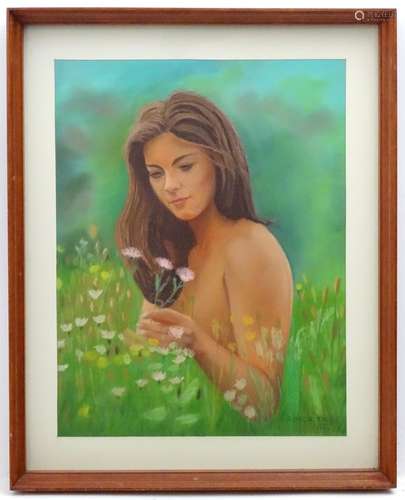 Roger Tack, XX, Pastel, A portrait of a nude lady in a meadow of long grass and flowers.