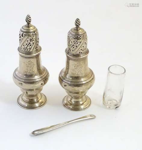 Mustard pots : A pair of Geo III silver casters / dry mustard pot,