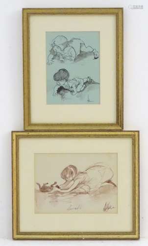 Indistinctly signed, XX, Pen and ink, Two studies of toddlers crawling, Signed lower right.