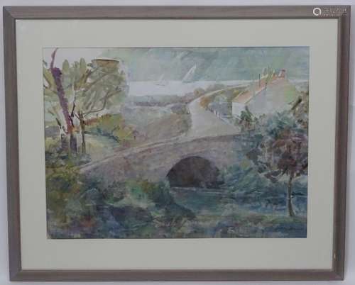 Indistinctly signed, XX, Mixed media on paper, A coastal village with a stone bridge,