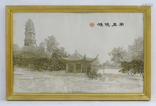 Chinese School, Silk work, Pagodas in a landscape. Embroidered script upper right. Approx.