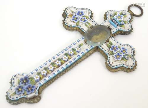 A 19thC Italian gilt metal crucifix / cross formed pendant set with micro mosaic detail with
