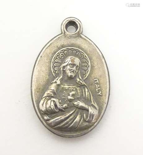 A mid 20thC Italian Christian religious souvenir pendant depicting Lady of Fatima to one side and