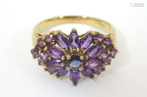 A 9ct gold dress ring set with a profusion of amethysts with a central blue stone.