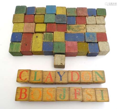 Toys: Early 20thC vintage painted wooden children's building blocks, some with letters and numbers.