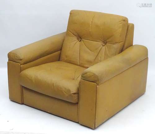 Vintage Retro :1960s/70s tan leather button back upholstered armchair,