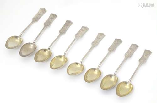 Chinese Export Silver : 7 teaspoons with foliate and bird decoration and gilded bowls 4 1/2