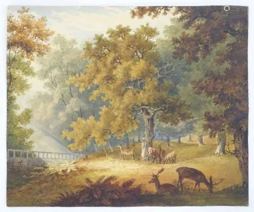 Manner of Paul Sandby (1731-1809), English School, Watercolour, Deer in a woodland glade,