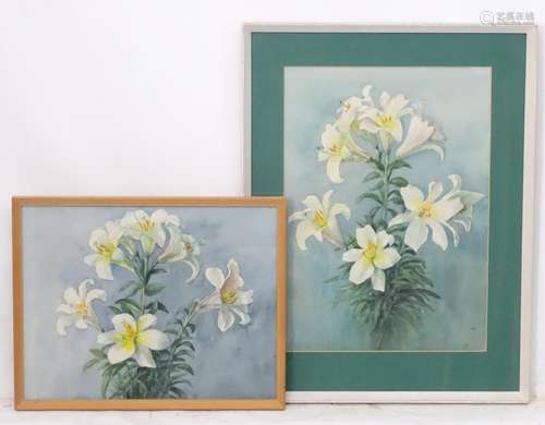 Miss Maud 'Tod' Waddell, c. 1920, Watercolour, two, White lilies, Both signed lower right. Approx.