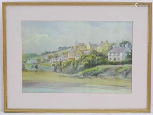 Elena Jones, XX, Welsh School, Watercolour, A coastal village overlooking a beach.