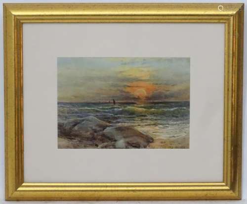 George Parsons Norman (1840-1914), Watercolour, A coastal scene with the sun setting on the horizon,