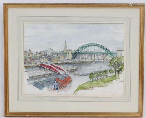 Peacock, XX, English School, Watercolour, Newcastle Quays from the High Level Bridge.
