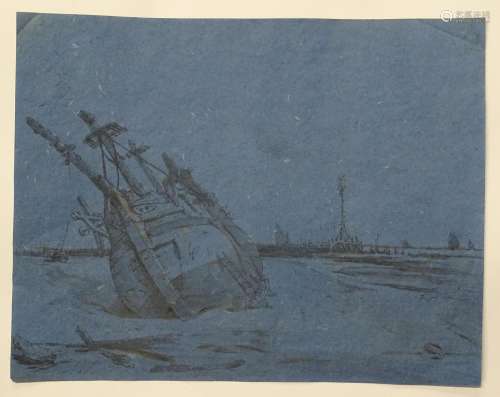 After Samuel Owen (1768-1857), XIX, Old Master lithographic print on blue laid paper, Marine Hulk,