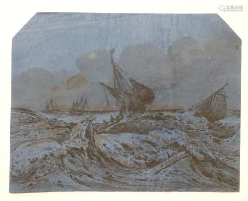 After Samuel Owen (1768-1857), XIX, Old Master lithographic print on blue laid paper, Shipwreck,