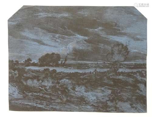 After David Cox (1783-1859), XIX, Old Master print on blue laid paper, Riverscape,