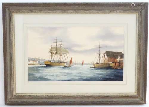 Ken Hammond, XX, Marine School, Mixed media, An estuary scene with clipper ships, sailing boats,