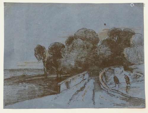 After David Cox (1783-1859), XIX, Old Master lithographic print on blue laid paper, Rural Bridge,