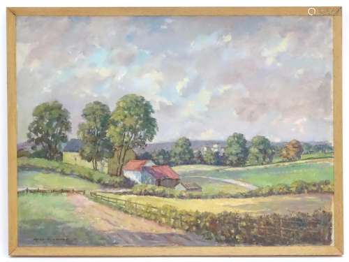Byron Winston Warmby (1902-1978), Oil on board, A rural landscape view with a farm,