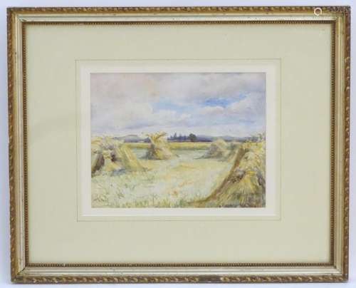 Henry Hilton, XIX, English School, Watercolour, Corn Stacks, A study of corn stooks in a field,