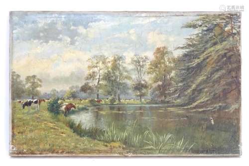 W. Redworth, XX, Oil on canvas, A river landscape with cattle grazing, cows watering etc.