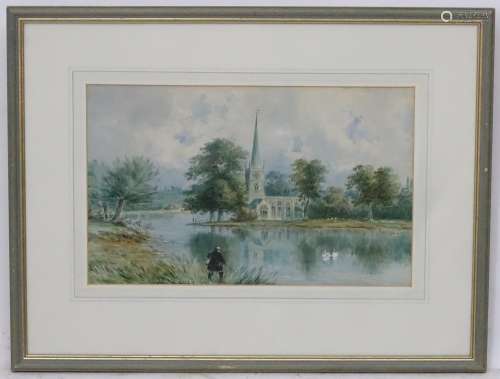 S. Shastud, XIX, Watercolour, A spired church bordered by a lake, Signed and dated 1871 lower left.