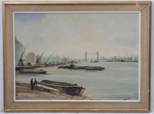 Arthur H. Twells (1921), Irish, Oil on board, The River Thames showing boats, barges and cranes etc.