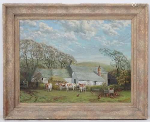 E (G W) Harrison, 1955, Oil on canvas, Farm, Bodmin Moor, A landscape with a farmhouse,