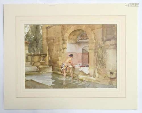 After Sir William Russell Flint (1880 - 1969), Colour print, 'The Garden Tap' With blind stamp.