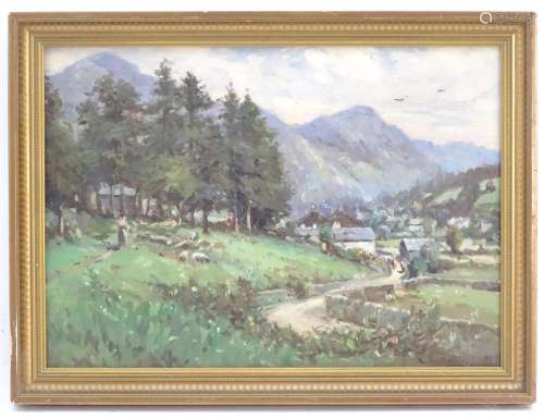 XX, English School, Oil on canvas, A countryside scene depicting a village landscape with figures,