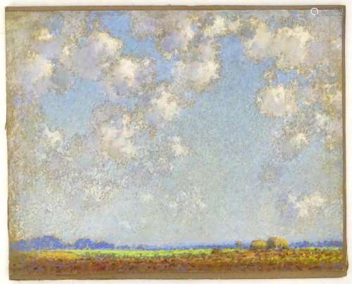 Manner of Claude Monet (1840-1926), XX, Pastel, A landscape scene with distant haystacks. Approx.