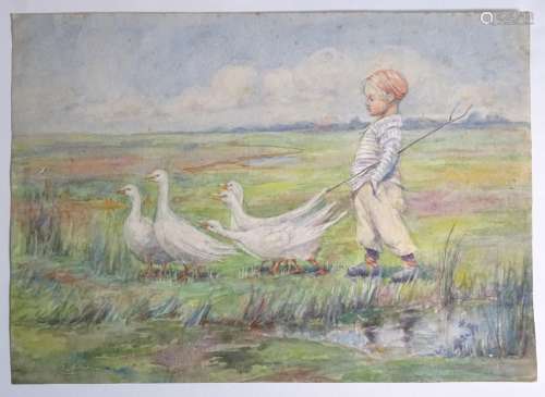 Mid XX, Continental School, Watercolour, A young boy with geese on a water meadow. Approx.