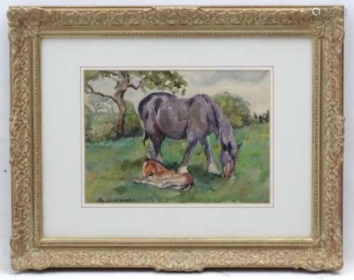 Cecilia Crompton, XIX-XX, Equine School, Watercolour, A heavy horse mare and her foal in a field,