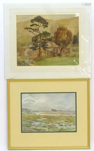 Joyce Platt, XX, Watercolour, Study for Creswick, A farmstead in a landscape with hills beyond.