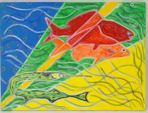 Brian Calder (b. 1963), Oil on canvas, An abstract composition with stylised fish. Signed verso.
