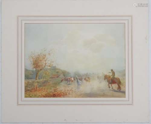 Patrick Lewis Forbes, XIX-XX, Watercolour, Driving cattle on a country path in the Autumn,