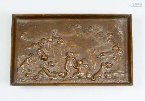 Bronze tray, rectangular shape on four ball feet, …