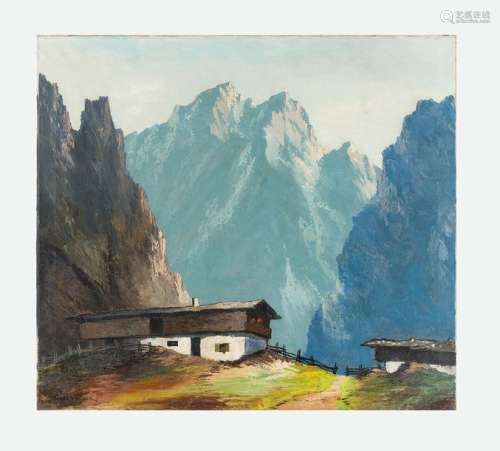 Tyrol early 20th Century, House in Alps, oil on ca…